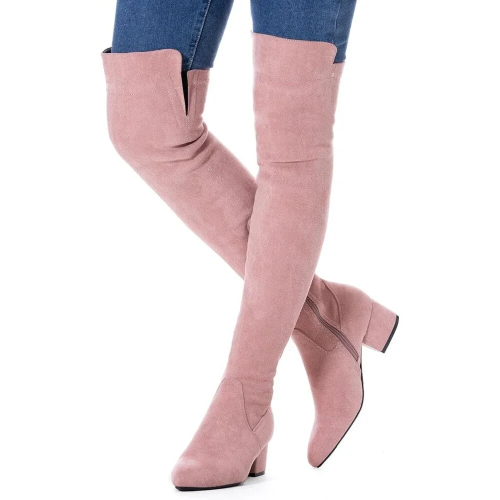 Women Pink/2 Inch Heel Faux Suede Over The Knee Thigh High Low Block Heel Boot